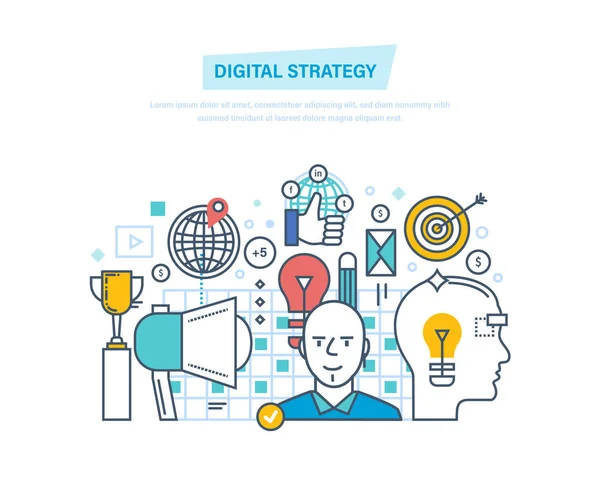 Estrategia digital. Marketing digital, gestión, planificación de medios, análisis, publicidad . — Vector de stock