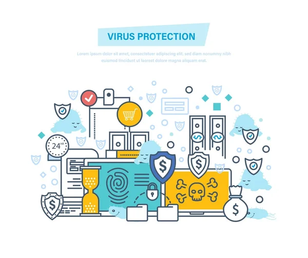 Virenschutz und Angriff. Schutz von Daten, Zahlungen, finanzielle Sicherheit. — Stockvektor