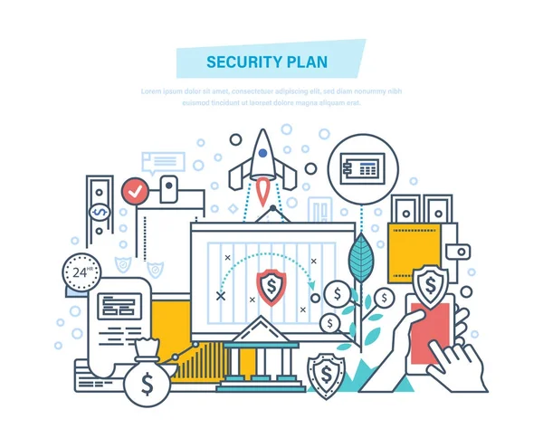 Biztonsági terv. Biztonságos tárolás pénzügyi megtakarítások, adatok, információk védelme. — Stock Vector