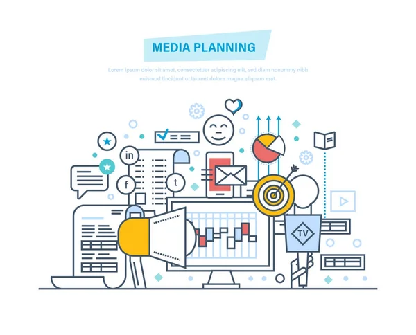 Media planning, digital marketing, promotion in social network, online business. — Stock Vector