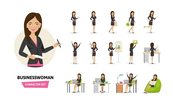 Набір бізнес-леді робочого персонажа в ситуаціях офісної роботи . — стоковий вектор