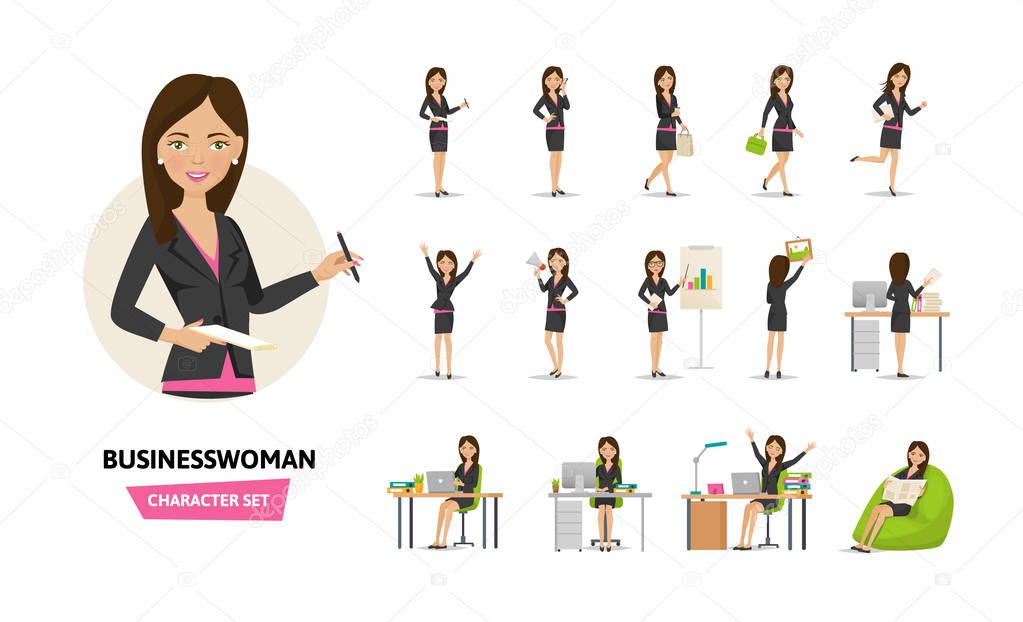 Set of businesswoman working character in office work situations.