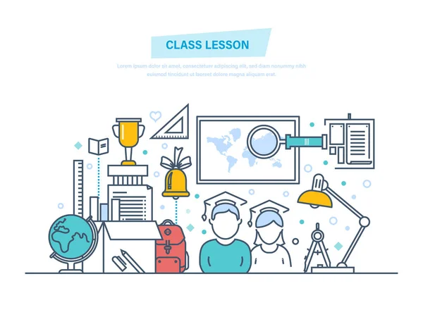 Class lesson. Education and training. Learning, school, knowledge, science, teaching. — Stock Vector