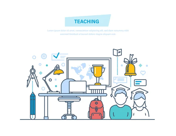 Vyučování a online vzdělávání. Obchodní školení, internetové kurzy, konzultace, e-learning. — Stockový vektor