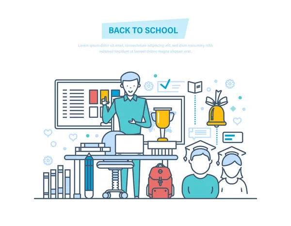 Terug naar school. Onderwijs, e-learning. Online cursussen, schoolgebouw, onderwijs. — Stockvector