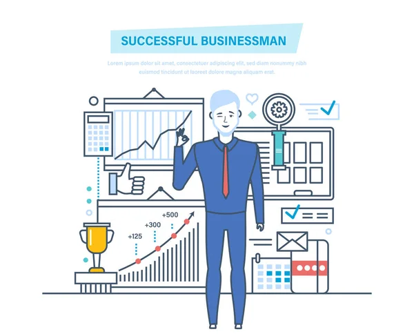 Empresário de sucesso. Sucesso no trabalho, aprendizagem, negócios. Comunicações, gestão, liderança . — Vetor de Stock