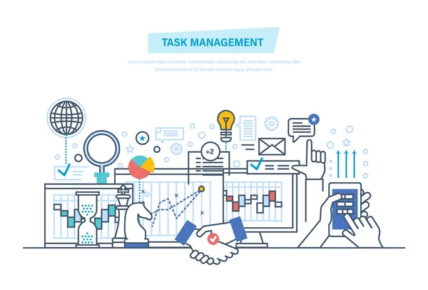 Task management, multitask. Time management, control. Analysis, research, marketing strategy. — Stock Vector
