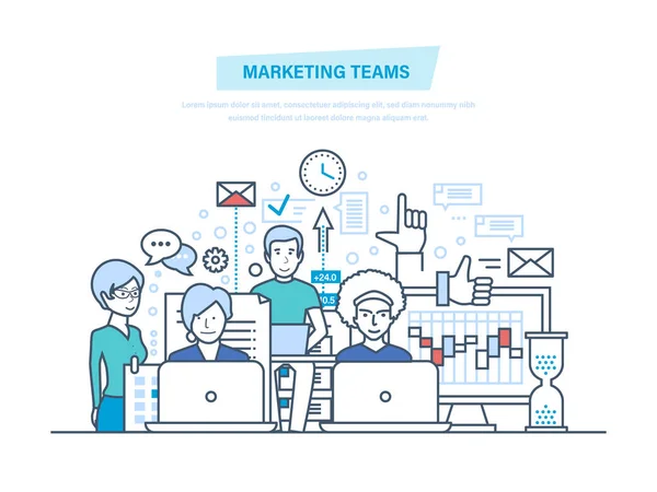 Equipos de marketing. Gente del grupo empresarial, equipo creativo, asociaciones, trabajo en equipo . — Archivo Imágenes Vectoriales