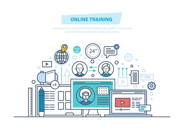 Edukacja online, szkolenia, kursy, e-learning, szkolenia odległość, webinaria online konferencji. — Wektor stockowy