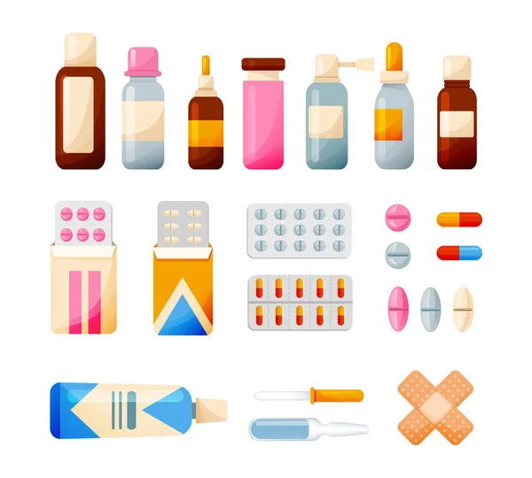 Conjunto médico: tabletas, jarabes, gotas, ungüentos, equipo. Asistencia sanitaria, ayuda médica . — Vector de stock