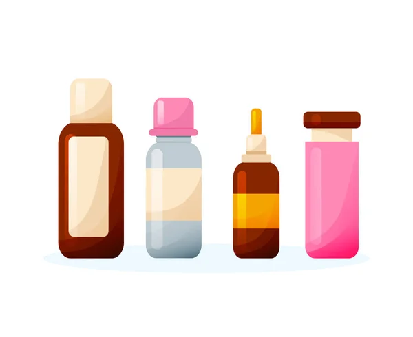 Establecer varios aerosoles, jarabes, gotas, tabletas, ungüentos, en diferentes paquetes . — Vector de stock