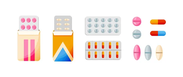 Conjunto de várias pílulas e comprimidos vetoriais, em diferentes pacotes . —  Vetores de Stock