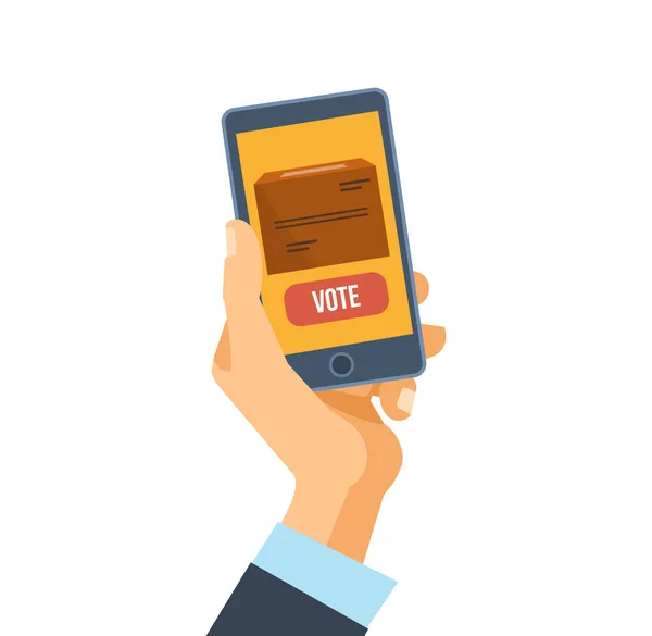 Mano sostiene el teléfono, smartphone, con aplicación para votar en pantalla . — Vector de stock