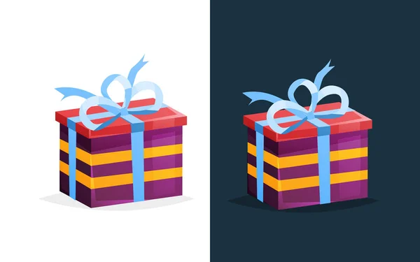 Feestelijke cadeau in rechthoekige doos met gekleurde patroon en lint. — Stockvector