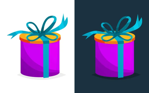 Cadeau de fête en boîte ronde avec motif coloré et ruban . — Image vectorielle