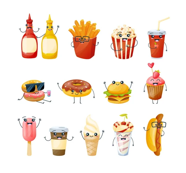 Conjunto de personajes divertidos deliciosos platos, bebidas de comida rápida — Vector de stock