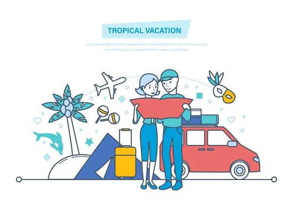 Rodina, drží společné dovolené, dovolená v létě v tropických zemích. — Stockový vektor