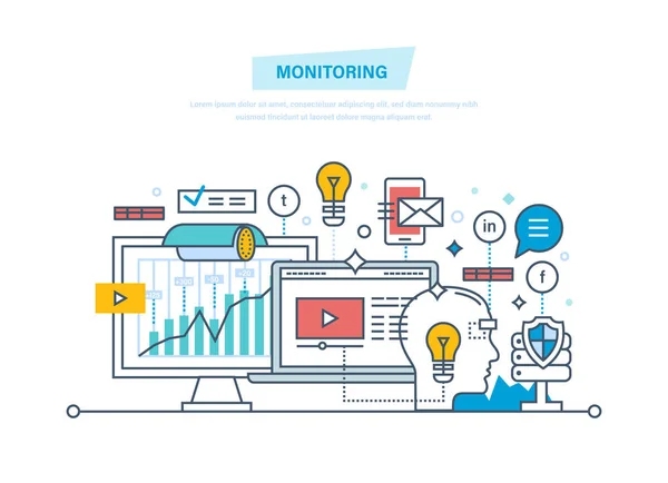 Monitoramento, marketing digital, planejamento de mídia, negócios online, análise de dados, publicidade . —  Vetores de Stock