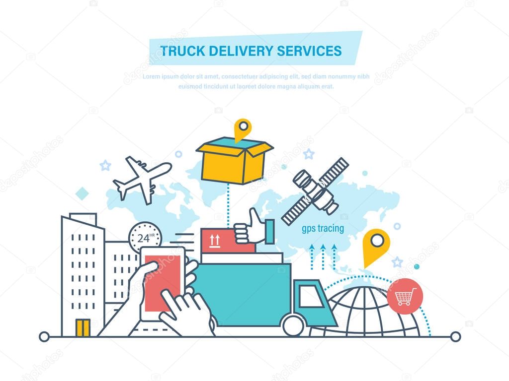 Truck delivery services concept. Trucking, delivery. Shipping goods. Transportation products.