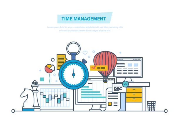 Gestão do tempo, planeamento, organização do tempo de trabalho, controlo do processo de trabalho . — Vetor de Stock