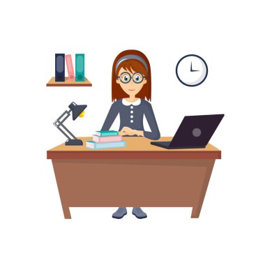 Genç, güzel bir kız ofiste bilgisayarda çalışan,.