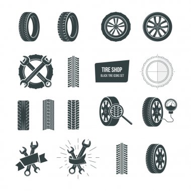 Lastik dükkanı kavramı. Siyah lastik Icons set. Servisi, tanılama, değiştirme.