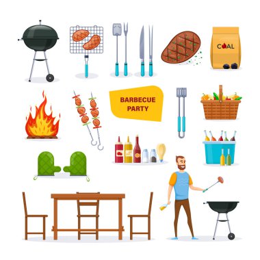 Modern Barbekü partisi için farklı nesne kümesi.
