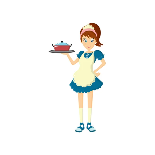 Lány háziasszony élelmiszer hordoz egy nagy csésze tálca. — Stock Vector