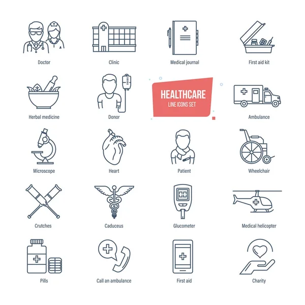 Linha de cuidados de saúde ícones definidos. Sistema de saúde e equipamentos de diagnóstico médico . —  Vetores de Stock