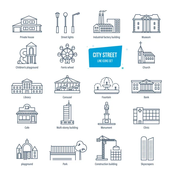 City street lijn pictogrammen instellen. Stadslandschappen. Gebouwen, vervoer, het platform. — Stockvector