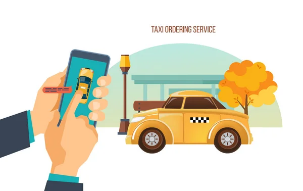 Taxi služba pořadí. Online služby, volání po telefonu, mobilní aplikace. — Stockový vektor