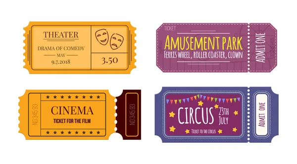 Set tickets and coupons in theater, cinema, circo, parque de diversões — Vetor de Stock