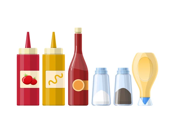 Ensemble de sauces, épices et condiments, dans différentes bouteilles réalistes . — Image vectorielle