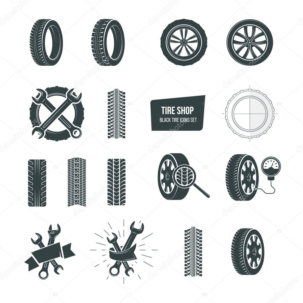 Automobile rubber tire shop logotype. Black tire icons logo set. Car wheels, wrenches, service and maintenance icons, tire repair, swapping, wheel replacement, car diagnostics. Vector illustration