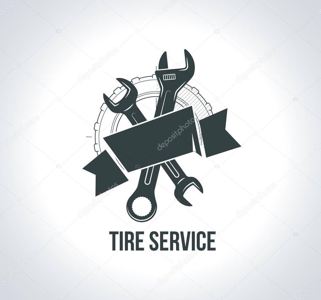 Black tire service logo icon. Icon for tire service with tire drawing, wrench, scheme sketch wheel, badges for tire service or car repair. Vector illustration for emblems emblems, labels, logotype.