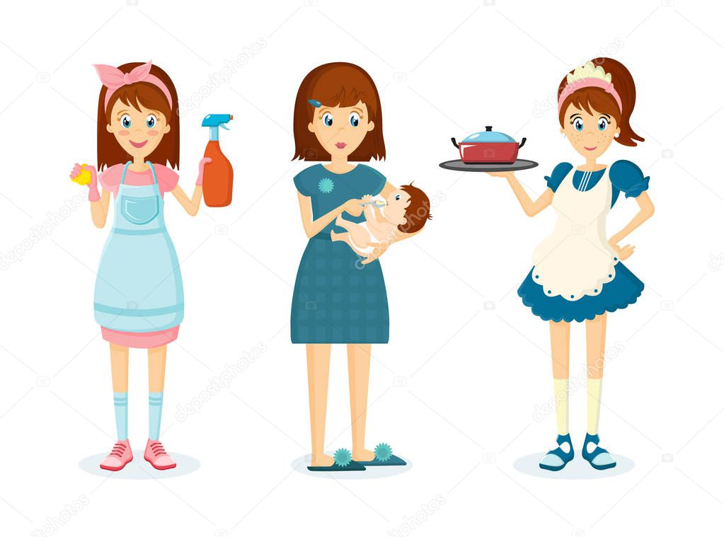 Housewife woman removes dust, feeds of child, prepares food.