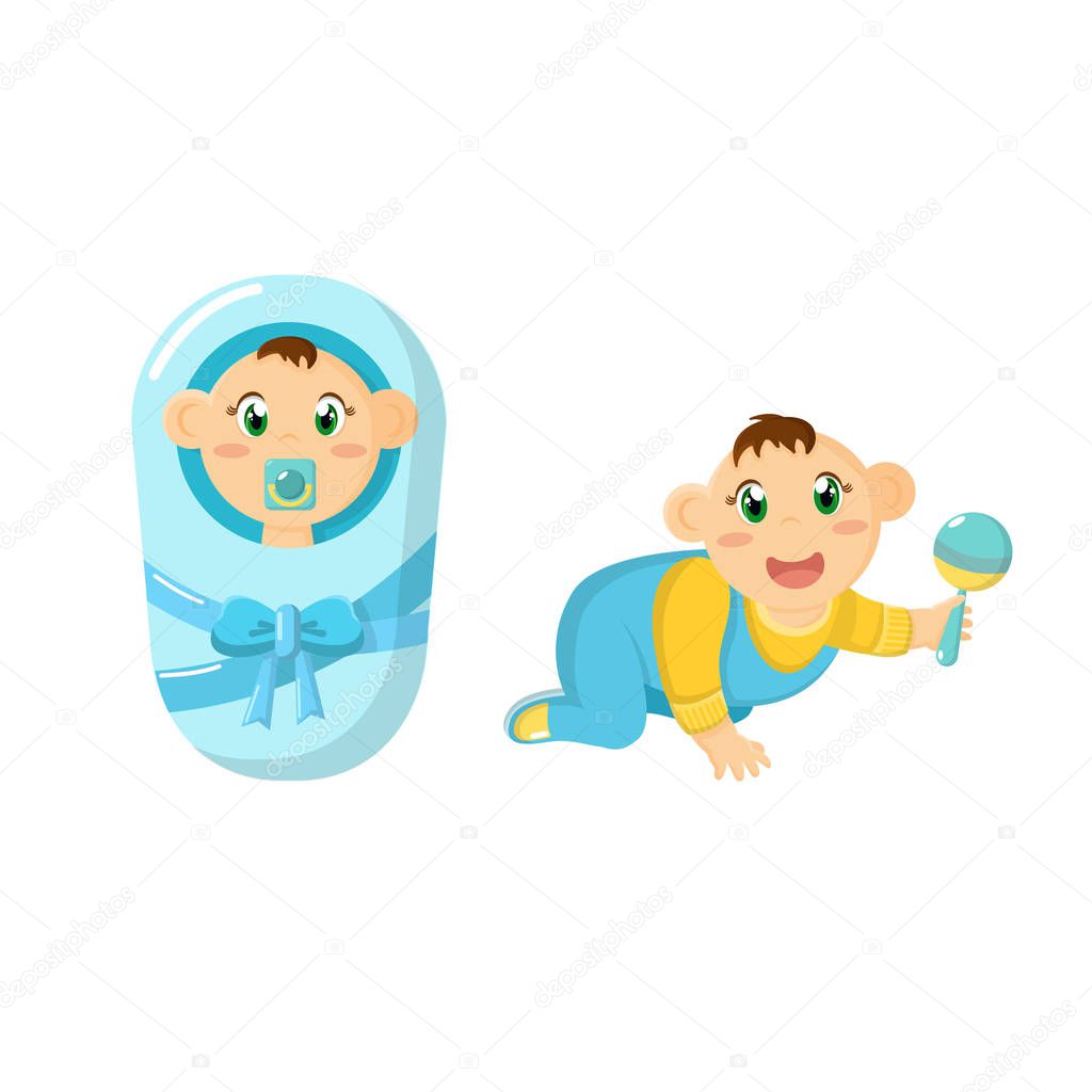 Newborn baby, children, in diaper with pacifier, crawling with rattle.