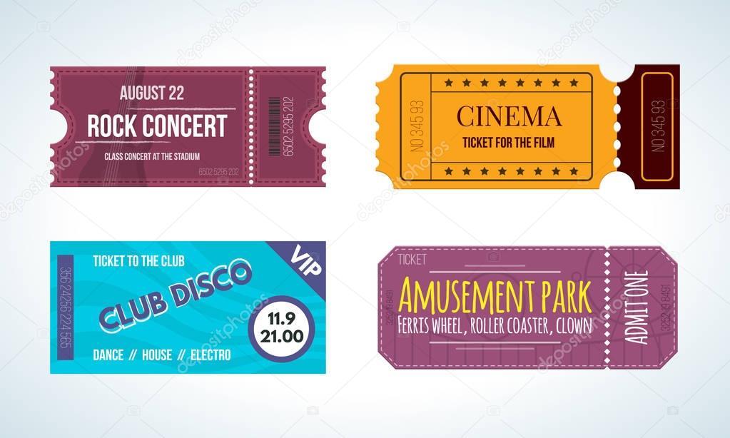 Set colorful tickets: cinema, rock concert, club disco, amusement park.