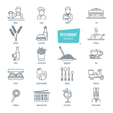 Restoran hattı Icons set. Restoranlar, gıda, içecekler, teslimat çalışanları.