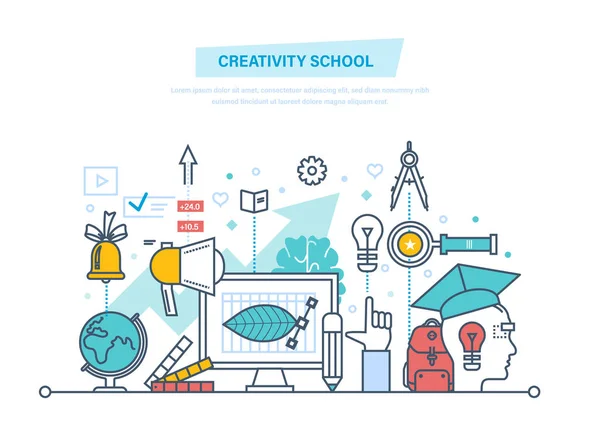 Creatieve school. Opleiding, creativiteit afstand leren, technologie, kennis, onderwijs, onderwijs. — Stockvector