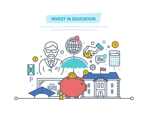 Investeren in onderwijs. Financiële beleggingen in onderwijs, krijgen van prestigieuze onderwijs. — Stockvector