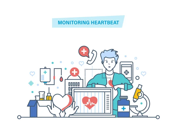 ตรวจสอบการเต้นของหัวใจ บริการ การดูแลสุขภาพ การวินิจฉัยทางการแพทย์คอมพิวเตอร์, การช่วยเหลือทางการแพทย์ระยะไกล . — ภาพเวกเตอร์สต็อก