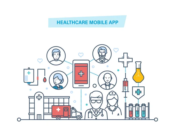 Gezondheidszorg mobiele app. mobiele dienst. Medische gezondheidszorg, geneeskunde mobiele consultant. — Stockvector