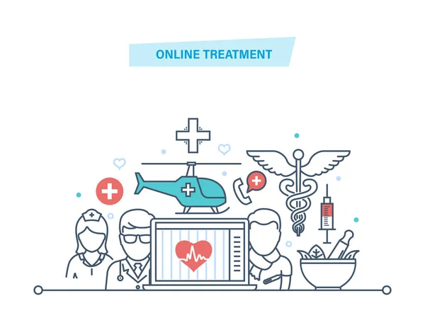 Tratamiento en línea. Servicio móvil ambulancia, atención médica. Consulta médica en línea . — Archivo Imágenes Vectoriales