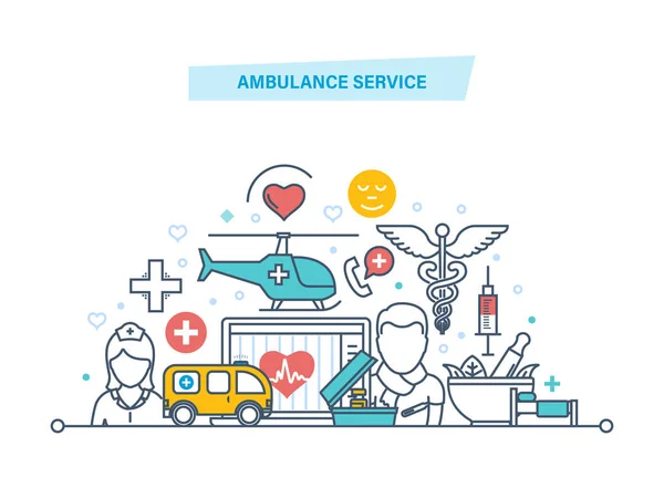 Servicio de ambulancia. Medicina moderna, atención médica, atención al paciente, centro médico . — Vector de stock