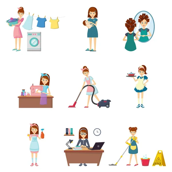 Set of girl in different situations lifestyle, life and engaged. — Stock Vector