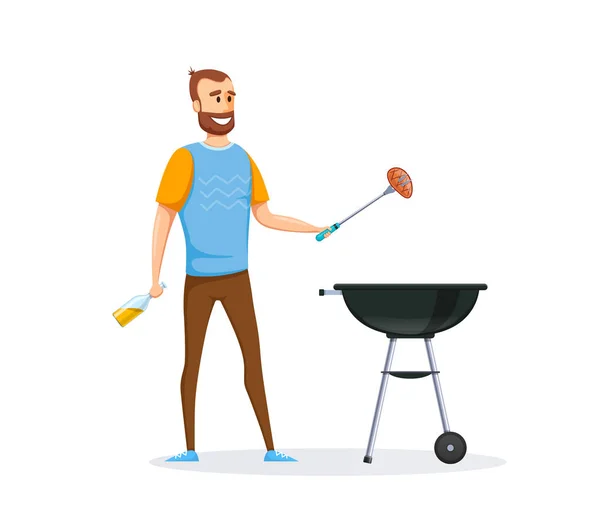 Man is preparing fresh, juicy, delicious meat steak on grill. — Stock Vector