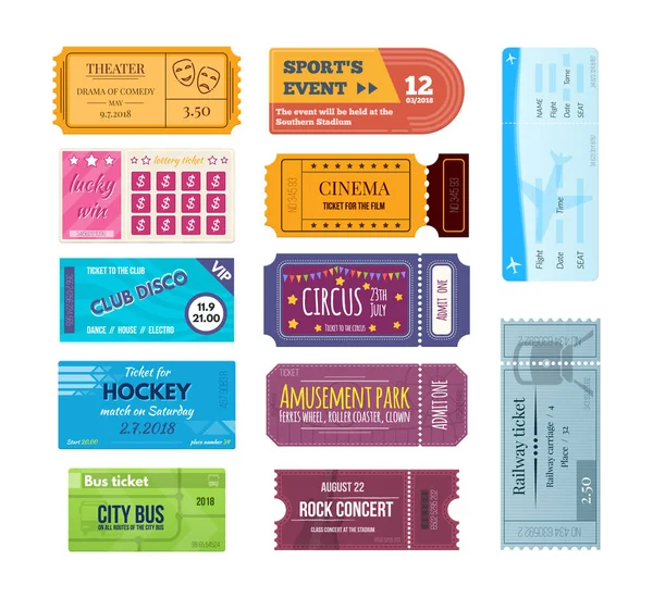 Set of colorful tickets and coupons on various events. — Stock Vector