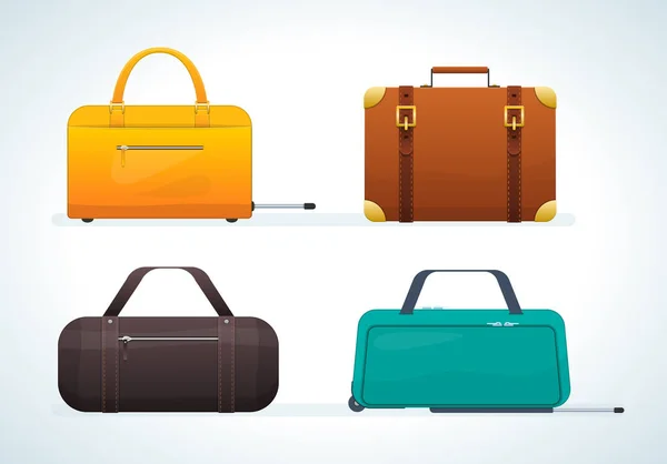 Zestaw podróży skórzane torby, walizki na kółkach i bez nich. — Wektor stockowy