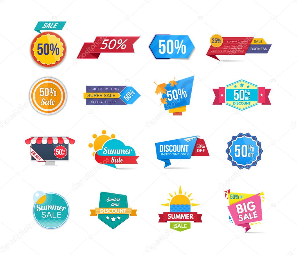 Big set of design sale banners and discount stickers.